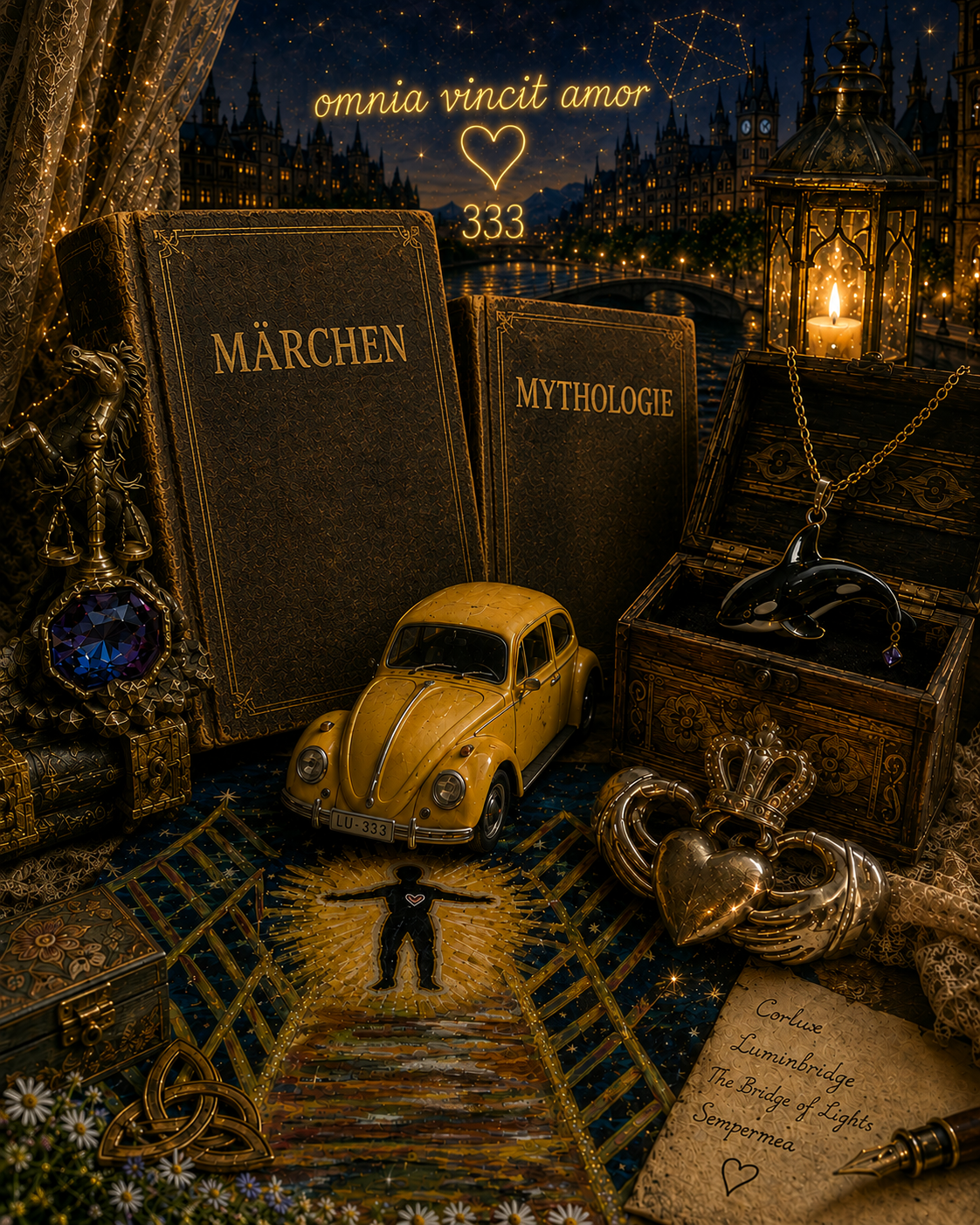 Ein Stillleben bei Nacht: zwei alte Bücher mit den Aufschriften „Märchen“ und „Mythologie“, ein gelber VW Käfer mit dem Kennzeichen LU-333, eine Schmuckschatulle mit einer Orca-Kette, ein Claddagh-Ring mit Krone, eine Laterne und ein aufgeschlagenes Blatt mit den Worten Corluxe, Luminbridge, The Bridge of Lights, Sempermea. Darüber leuchtet in Schreibschrift „omnia vincit amor“ über einem Herz und der Zahl 333.